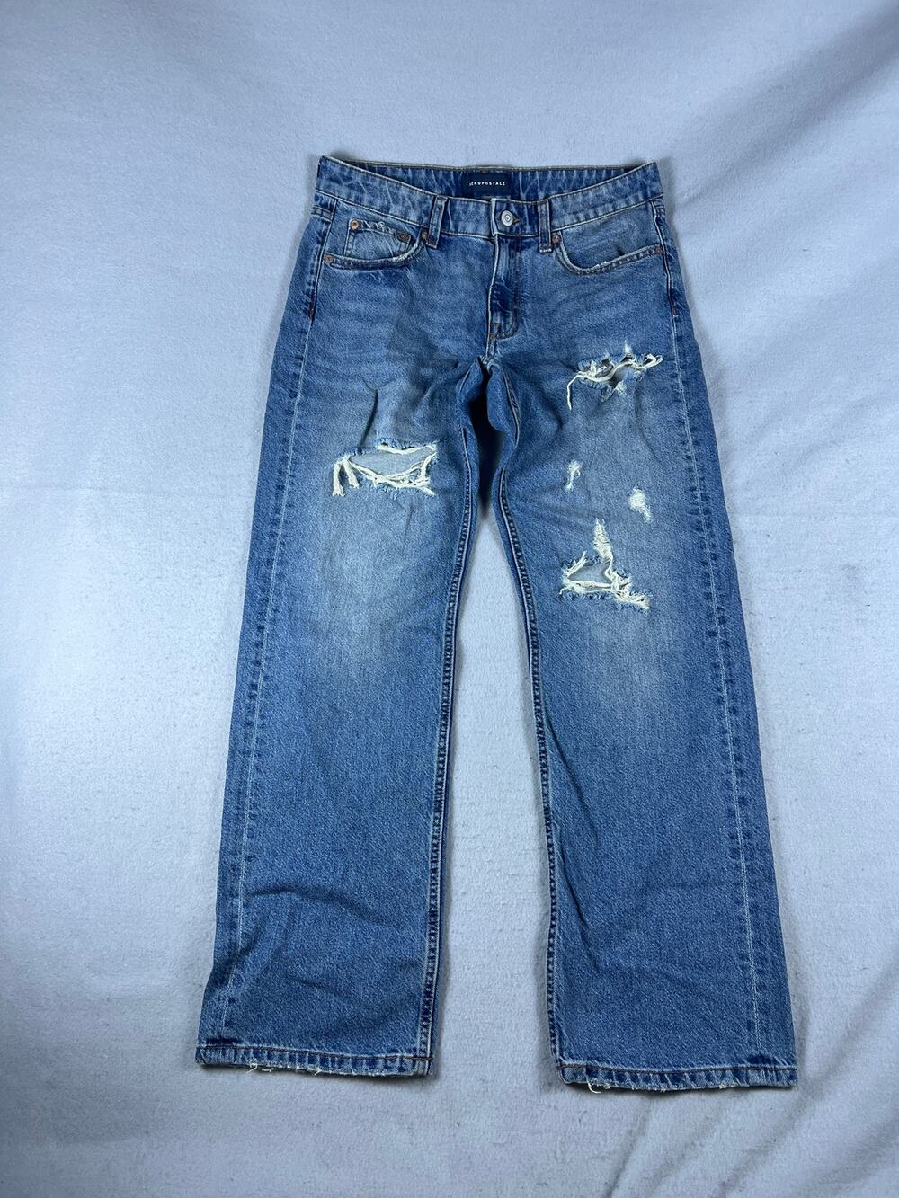 Aeropostale Low Rise Baggy Jeans Womens 8R Blue Medium Wash Distressed Denim